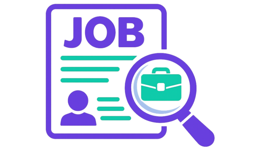 Job icon representing job opportunities, featuring a document, person silhouette, and magnifying glass with briefcase in Hayar colors.