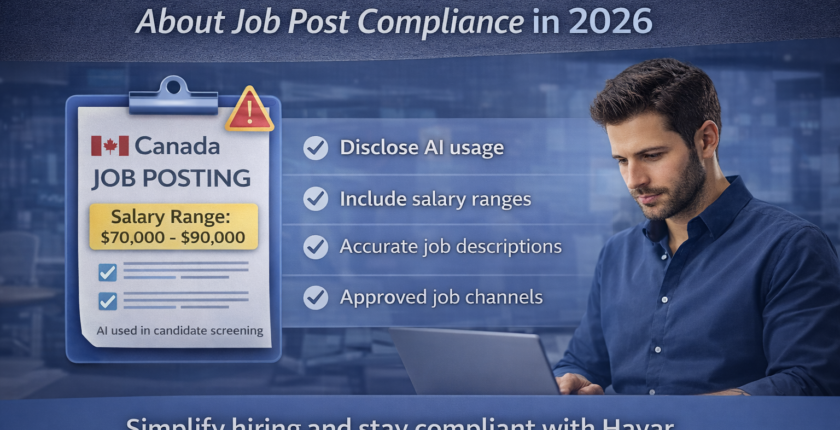 AI-assisted image showing Canadian startup job posting compliance requirements in 2026, including AI usage disclosure, salary ranges, and accurate job descriptions, for easier hiring with Hayar.
